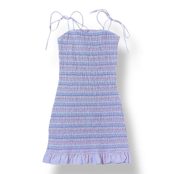 Storia Smocked Striped Gingham Ruffled Mini Dress Size M Preppy Flirty - Picture 1 of 6